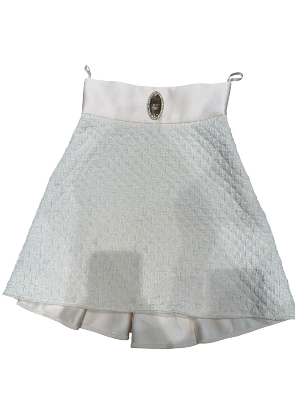 White Quilted Mini Skirt with Decorative Waist Emblem